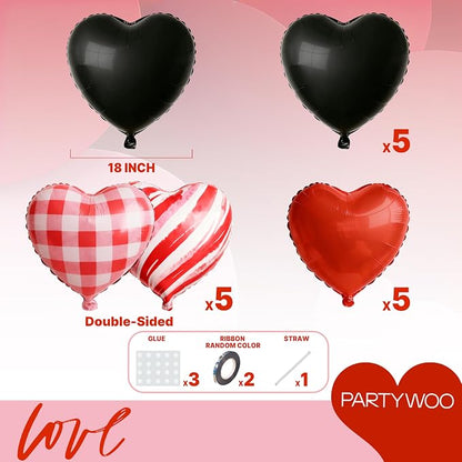 PartyWoo Red Black Red Black Mylar Heart Foil Balloons 15pcs 18 Inch | Balloons - Image 6