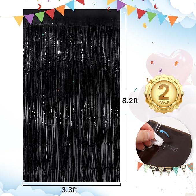 Black Fringe Curtain Party Streamers 2Pack 3.3x8.3 Ft Foil Fringe Backdrop - Image 3