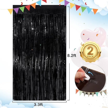 Black Fringe Curtain Party Streamers 2Pack 3.3x8.3 Ft Foil Fringe Backdrop - Image 3