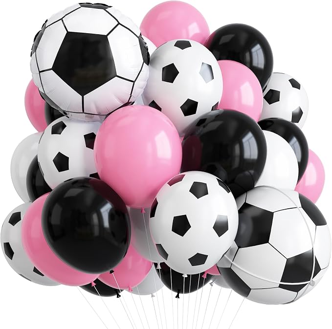 Pink Soccer Balloons, 12Inch Pastel Pink and Black White Football Print Latex by Lingqiang