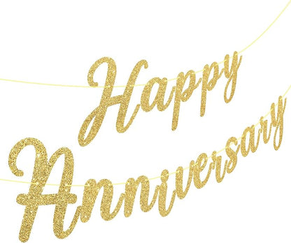 Happy Anniversary Banner Sign Gold Glitter Wedding Bunting Banner Flag Garland by Hxezoc
