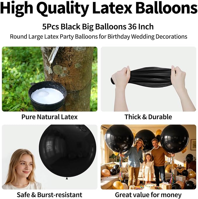 5Pcs Black Big Balloons 36 Inch, Round Large Latex Party Balloons - Image 2