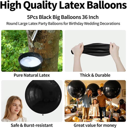 5Pcs Black Big Balloons 36 Inch, Round Large Latex Party Balloons - Image 2
