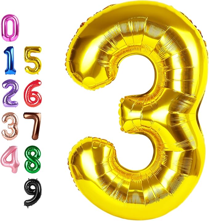 Number Balloons 3 Balloon Gold for 3rd Birthday Party Decoration, 40 inch | by Enyeopd