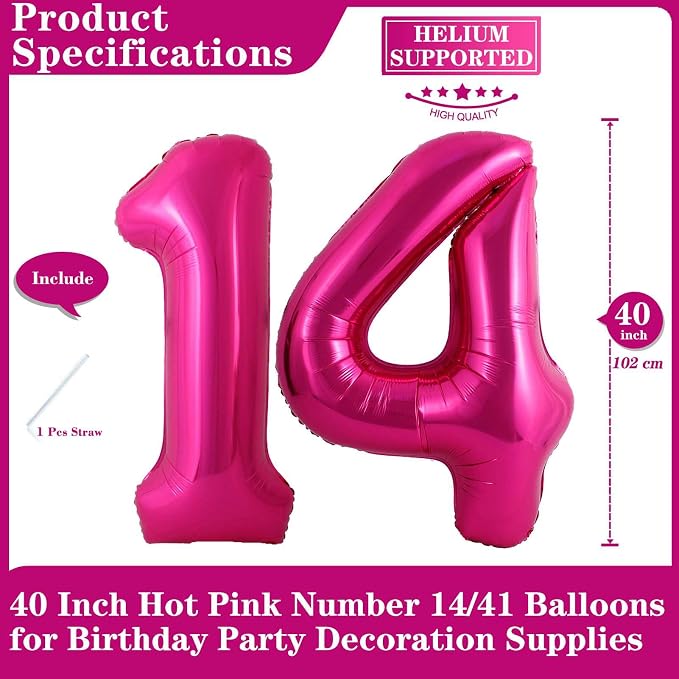 Hot Pink 14 Number Balloons, 40 Inch Giant Number 14 Balloons Foil Mylar Helium - Image 2
