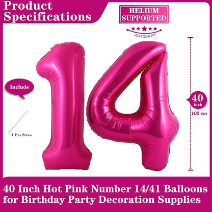 Hot Pink 14 Number Balloons, 40 Inch Giant Number 14 Balloons Foil Mylar Helium - Image 2