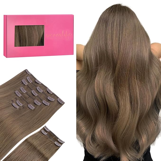 WENNALIFE Clip in Hair Extensions, 150g 24 Inch 9pcs Light Ash Brown Remy Hair Thicker Double Weft Extensiones De Cabello Humano Con Clip Ins Straight Full Volume