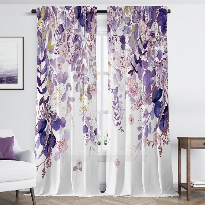 Purple Eucalyptus Floral Curtains 63 Inch Length Watercolor Flower Plant Light - Image 6