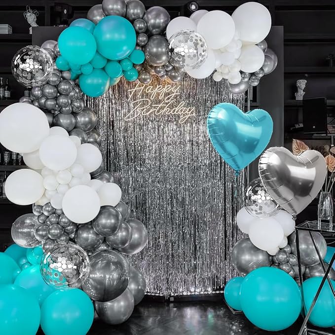Teal Blue Silver White Balloons Garland Arch Kit - Image 6