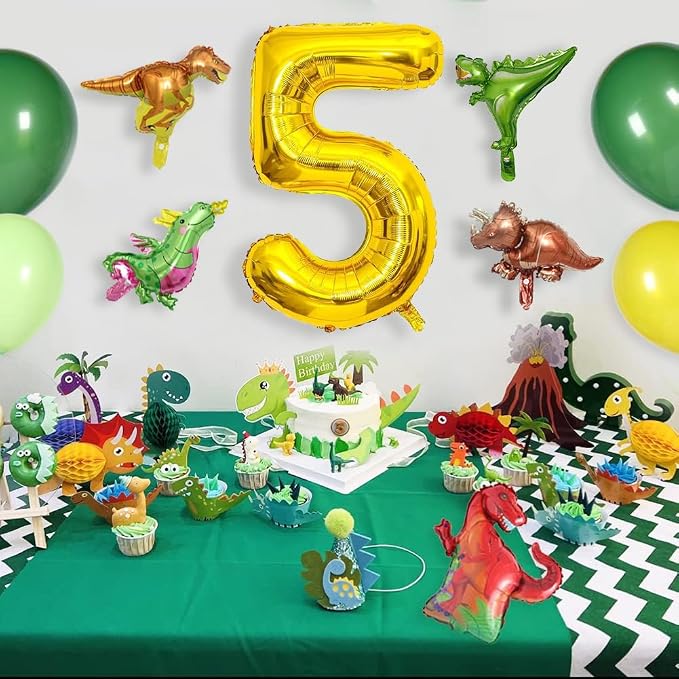 LilyZheng Dinosaur Balloon Number 5, 40 Inch Gold Foil Balloon and 5 Mini - Image 5