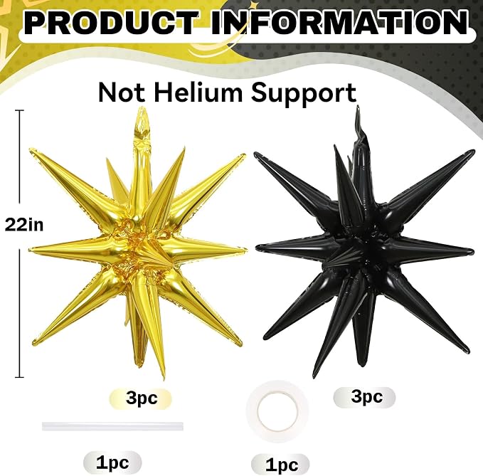 HILAVO 6PCS Black Gold Star Balloons, 22Inch Large Star Balloon Foil Balloons - Image 2