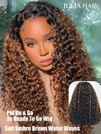 Julia Hair Ombre Brown Water Wave Glueless Wig Human Hair 7x5 HD Lace Closure with Invisible Drawstring Pre Plucked Bleached Highlight Balayage Colored Curly Wigs Put On And Go 16 Inch