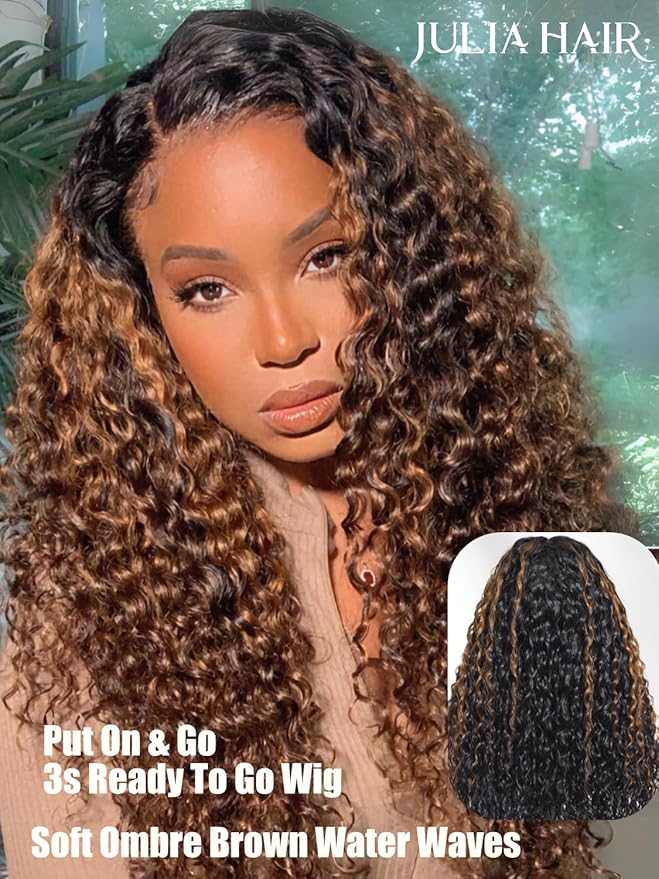 Julia Hair Ombre Brown Water Wave Glueless Wig Human Hair 7x5 HD Lace Closure with Invisible Drawstring Pre Plucked Bleached Highlight Balayage Colored Curly Wigs Put On And Go 24 Inch