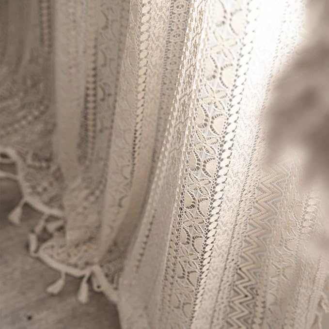 Sutuo Home Crochet Boho Curtain 84 Inches Length, Sheer Lace Handmade Tassels - Image 5