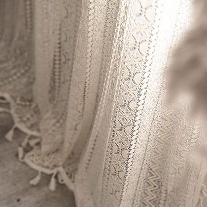 Sutuo Home Crochet Boho Curtain 84 Inches Length, Sheer Lace Handmade Tassels - Image 5