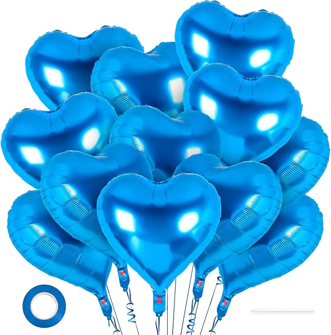 12 Pcs Blue Heart Balloons, 18 Inch Heart Foil Balloons Love Balloon Valentine by YOTHORN