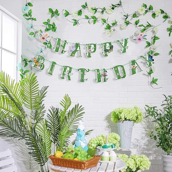 SUNBEAUTY Wildflower Happy Birthday Banner Green Spring Butterfly Flowers Party - Image 5