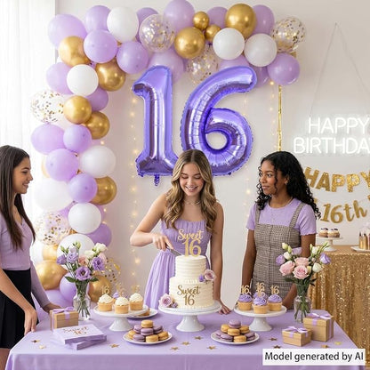 Purple Number 16 Balloon 40 Inch, Large Metallic Lavender Mylar Foil 16 Balloons - Image 2
