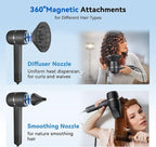 Ionic Hair Dryer Fast Drying, Thermo-Control Professional Blow Dryer, Low Noise, Lightweight, Magnetic Diffuser and Concentrator for Curly & Straight Hair, 160000 RPM High-Speed Brushless Motor, Black