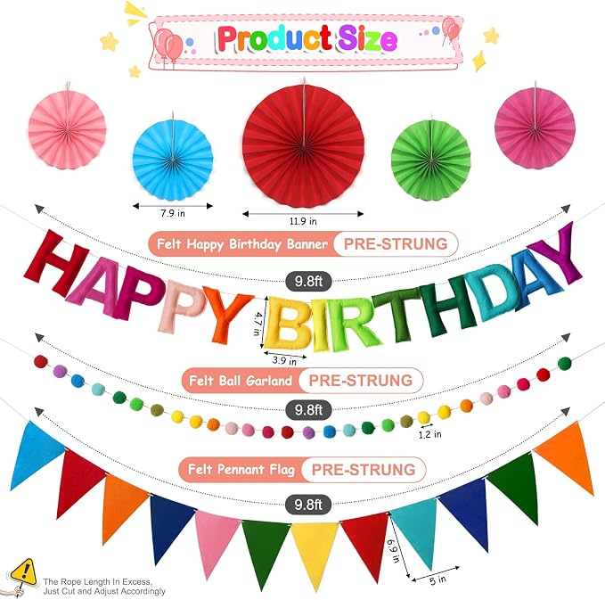 Rainbow 3D Happy Birthday Banner, Pre-Strung Felt Party Decorations | - Image 2