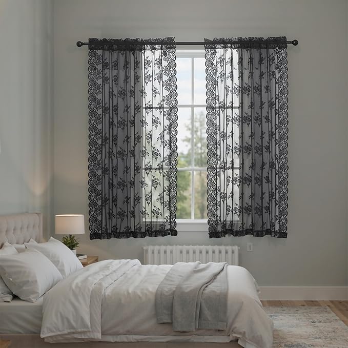 Kotile Black Floral Lace Curtains by Kotile+Curtains