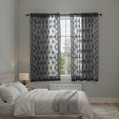 Kotile Black Lace Curtains for Bedroom Vintage Floral W42xL54 Inch 2 Panels | - Image 4