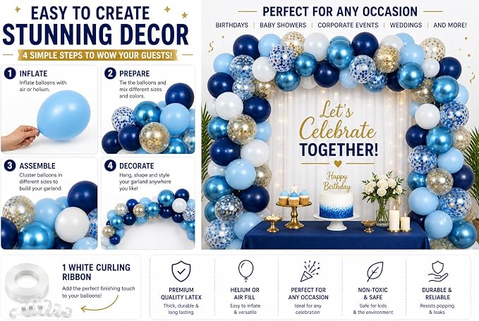 Metallic Blue Balloons 12 Inch – 60 Pack Blue & Gold Balloon Kit - Image 3