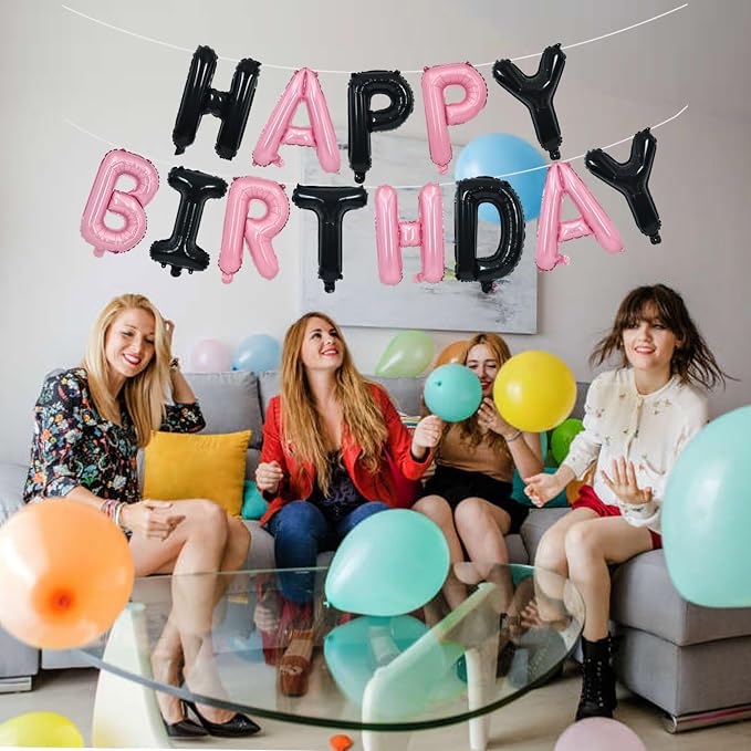 TONIFUL Black and Pink Happy Birthday Balloon Banner Decor - Image 4