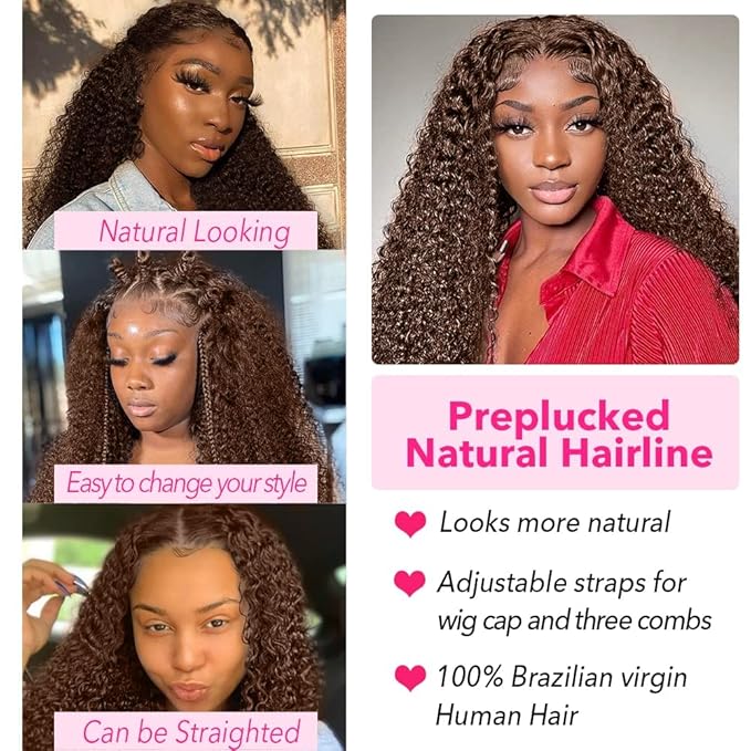 250% Density Curly Human Hair wig 13x6 Auburn Brown Mongolian Deep Transparent Lace Front Wigs for Women With Baby Hair Chocolate Curly Lace Front Wig 22 Inch