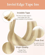 GOO GOO Invisi Edge Tape in Hair Extensions Human Hair, 18A/613A Dark Blonde Highlighted Bleach Blonde 20pcs injected with 20pcs classical tape ins, 22inch 100g, Virgin Remy Hair, Natural Look