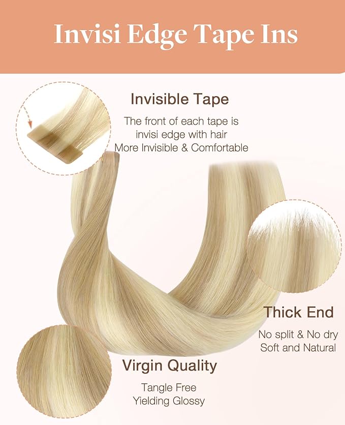 GOO GOO Invisi Edge Tape in Hair Extensions Human Hair, 18A/613A Dark Blonde Highlighted Bleach Blonde 20pcs 20inch 50g, Virgin Remy Hair, Seamless Injected Tape, Natural Look