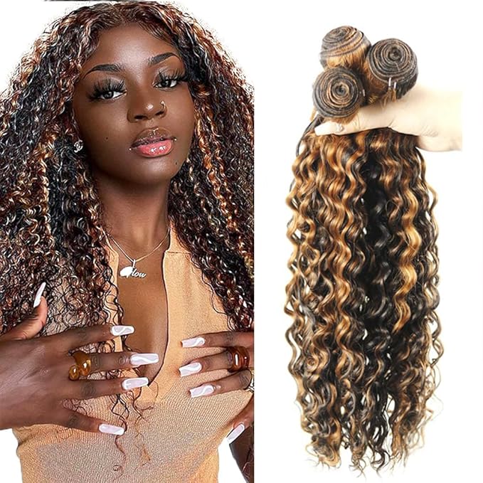Highlight Bundles Human Hair P1B30 Deep Wave Bundle Brazilian Virgin Remy Hair 3 Bundles 12 14 16 Inch Niegmeag Double Weft 2 Tone Black and Light Brown Deep Wave Bundle