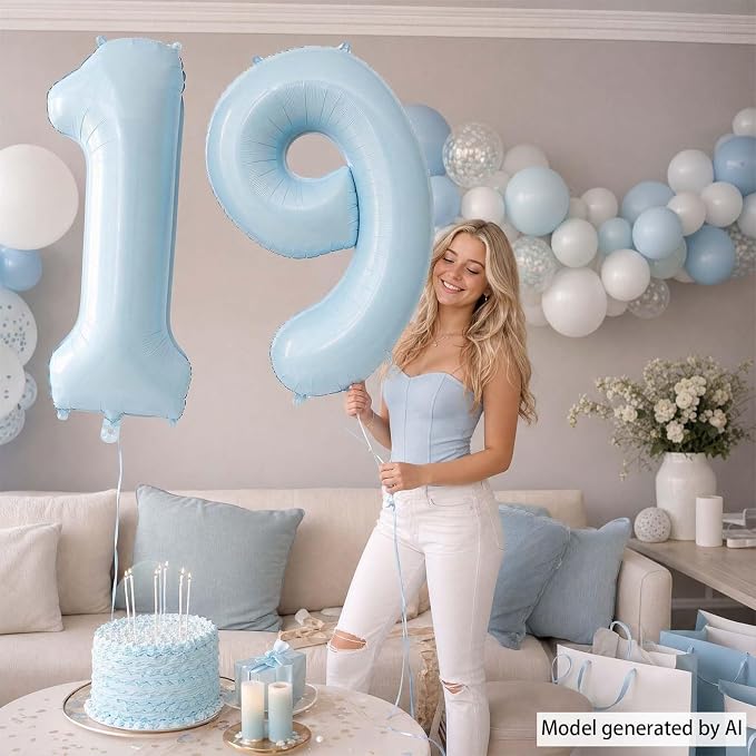 Baby Blue Number 19 Balloon 40 Inch, Sky Pastel Foil Digits Party Supplies | - Image 2