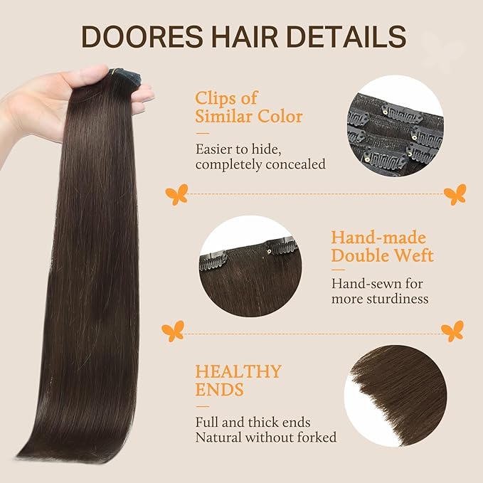 DOORES Human Hair Clip in Extensions, Light Dark Brown 16 Inch 135g 7pcs, Remy Clip in Hair Extensions Thick Weft for Women Clip in Silky Straight
