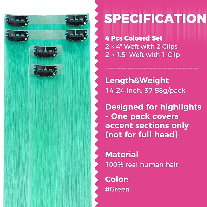 Lashey Clip in Hair Extensions Real Human Hair Green 4pcs 50g Seamless Clip in Hair Extensions Human Hair 22 Inch Long Straight Hair