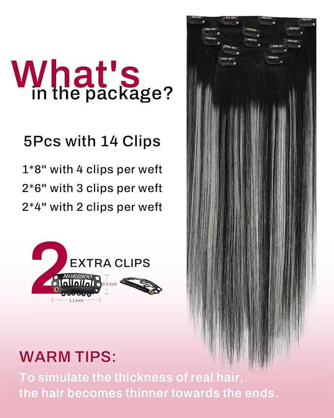 Moresoo Black And Grey Clip in Hair Extensions Ombre Natural Black to Silver Grey Hair Extensions Real Human Hair Clip ins Short Remy Straight 80g/5pcs 10 inch