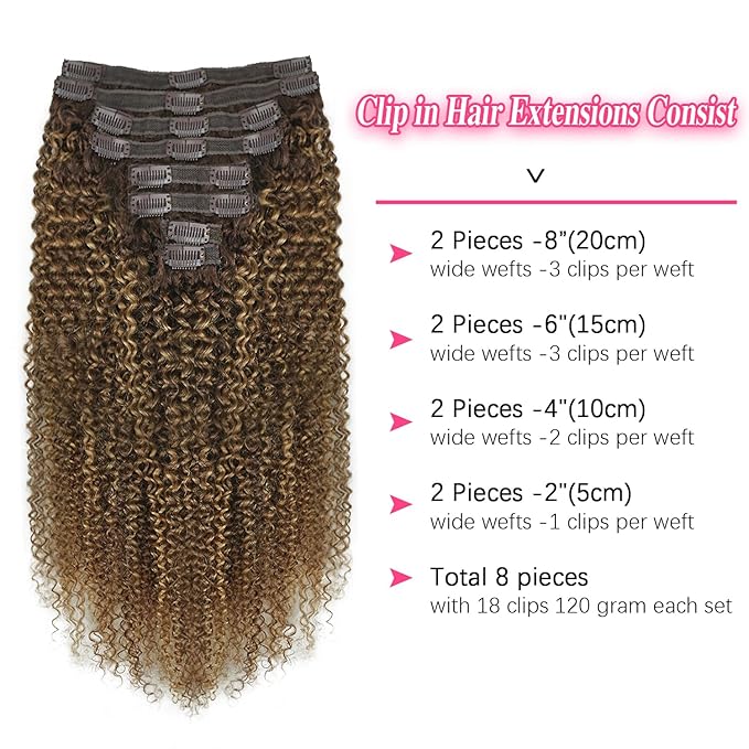 Kinky Curly Clip in Hair Extensions Real Human Hair 4/27/4 Omber Kinky Curly Clip ins For Women 3c 4a Brazilian Virgin Clip on Hair (14inch,#4/27/4)