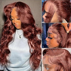 200% Density Reddish Brown Colored Human Hair Lace Front Wigs 13x4 Glueless Wigs Human Hair Pre Plucked Body Wave Glueless Wigs Human Hair Transparent HD Lace Frontal Human Hair Wigs 28Inch