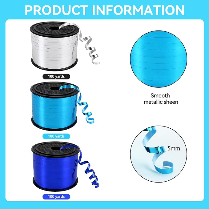 TONIFUL Blue Light Blue Silver Curling Ribbon Balloon String Gift Wrapping | - Image 2