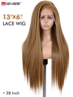 WIGNEE 13x6 Synthetic Lace Front Wig 28" Mixed Brown Wig Pre-Plucked Handmade Lace Front Wigs with Kanekalon Futura Hair Voluminous Long Straight Synthetic Wigs for Daily Party Use