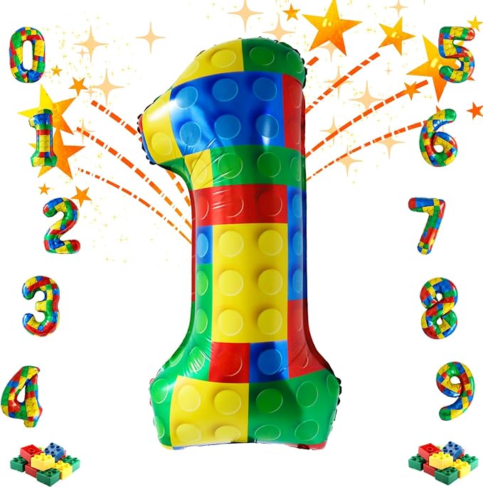 32 Inch Stackable Block Number 1 Balloon – Colorful Brick Building Themed Big by Unknown