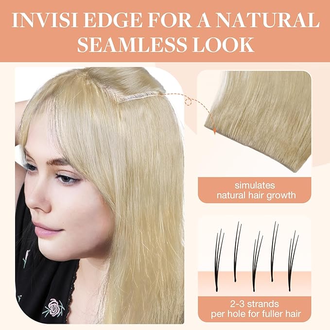 GOO GOO Invisi Edge Tape in Hair Extensions Human Hair, 60A Platinum Blonde, 10pcs 24inch 30g, Virgin Remy Hair, Seamless Injected Tape, Natural Look