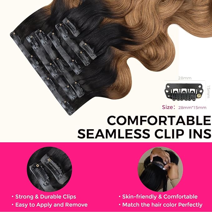 Lashey Seamless Hair Extensions Real Human Hair 110g 7pcs Body Wave Clip in, with PU Soft Invisi Edge 16 Inch Ombre Natural Black to Medium Auburn Clip in Hair Extensions Human Hair