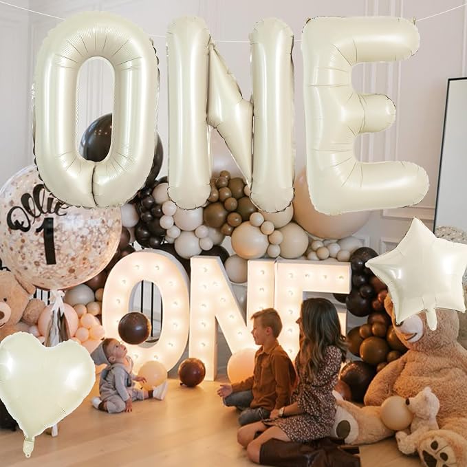 TONIFUL Cream ONE Balloons Banner, 40 Inch Cream White Letter ONE Foil Sign - Image 4