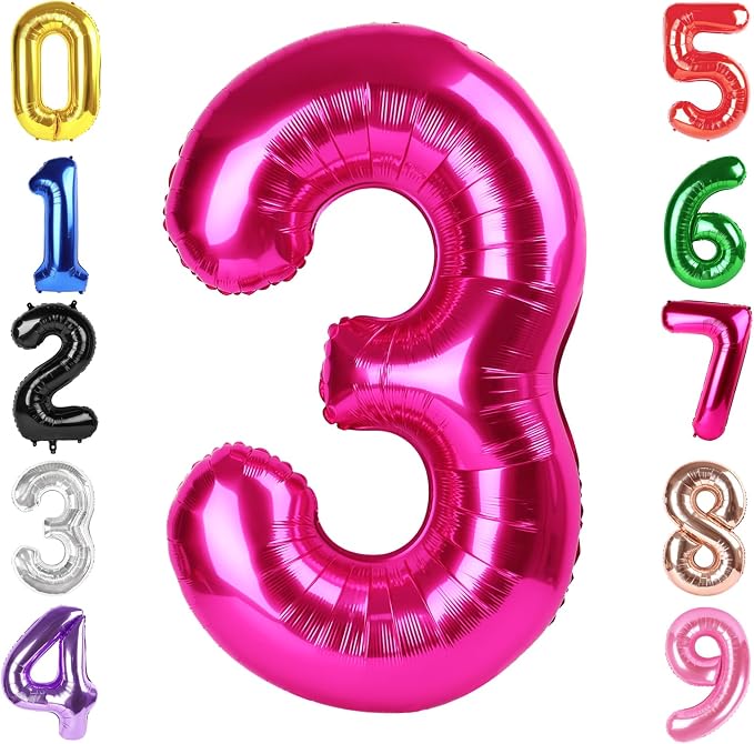 40 Inch Hot Pink Number 3 Balloon, 3rd Birthday Party Decorations | 40 Inch Hot by Hadoife