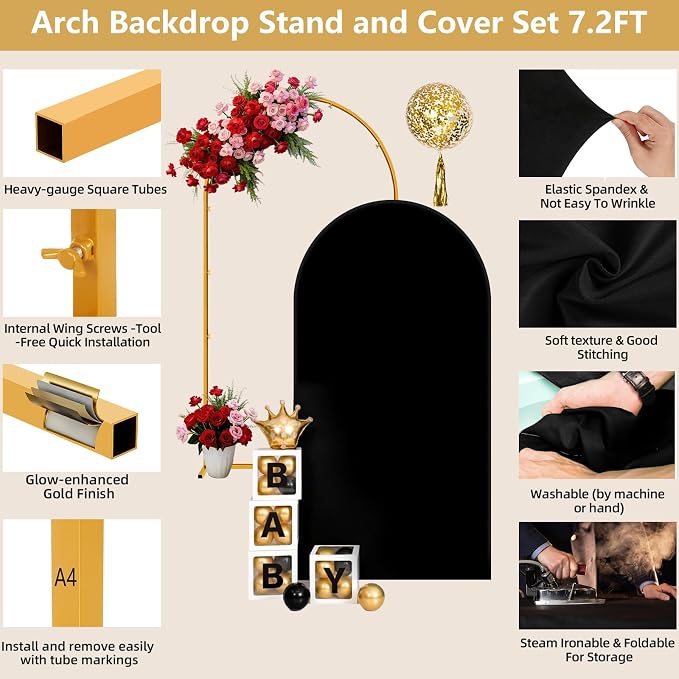 Metal Arch Backdrop Stand and Cover Set, 7.2FT Gold Wedding Backdrop Arch Frame - Image 4