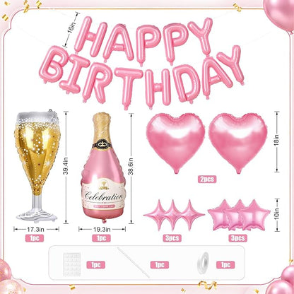 Pink Happy Birthday Balloons Banner, Star Heart Balloons, Champagne Bottle - Image 2