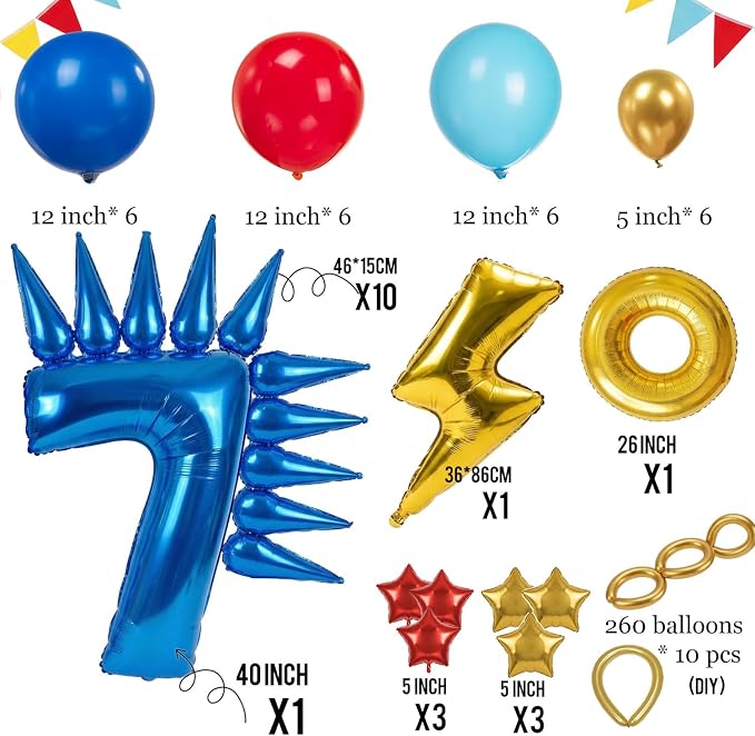 Speed Hedgehog 7th Birthday Balloon Centerpiece Set Royal Blue Red Gold Latex - Image 5