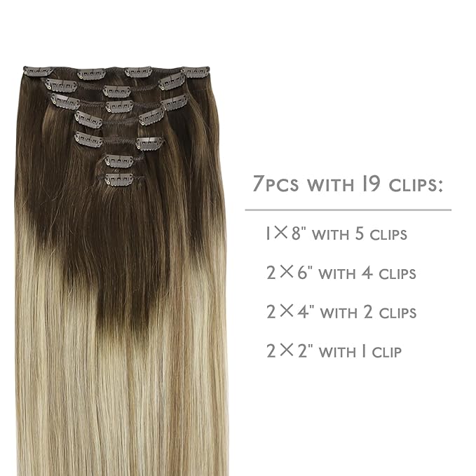 WENNALIFE Clip in Hair Extensions Real Human Hair, 22 Inch 120g 7pcs Ombre Walnut Brown to Ash Brown and Bleach Blonde Clip in Human Hair Remy Clip in Hair Extensions Real Human Hair Double Weft