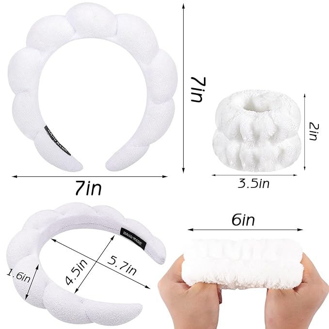 Zkptops Spa Headband for Washing Face Wristband Sponge Makeup Skincare Headband Bubble Soft Terry Cloth Hairband Christmas Birthday Gift for Women Girls Fashion Puffy Non Slip Thick Headwear (White)
